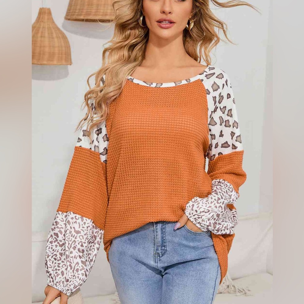 Leopard Waffle-Knit Long Sleeve Blouse Size Large